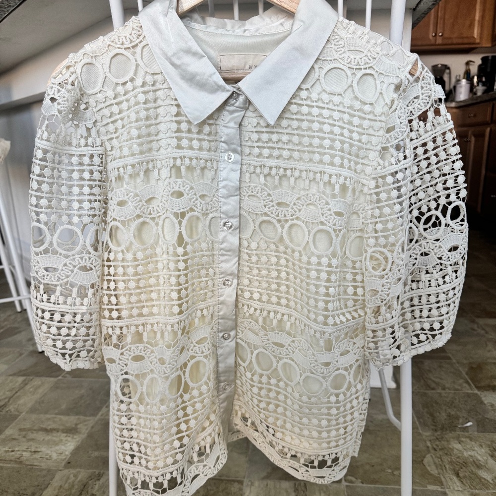 By Design Brianna Lace Puff Sleeve Button-Up Top, Size M